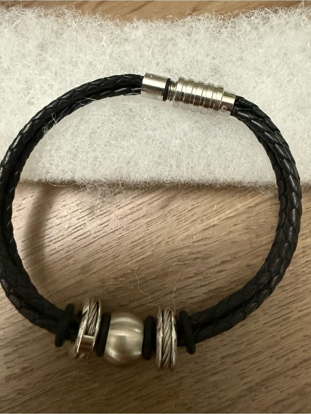 NEW Men's Black Braided Leather Bracelet with STAINLESS STEEL Silver Accents
